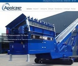 Startseite der Apolczer Baumaschinen-Website mit blauer Baumaschine und Firmenlogo.