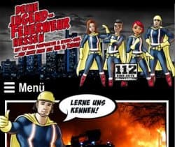 Startseite der Jugendfeuerwehr Hessen-Website mit Comic-Figuren in Feuerwehrkleidung und Informationen zum Kennenlernen.