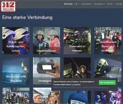 Startseite der Katastrophenschutz Hessen-Website mit Bildern von Rettungskräften bei Einsätzen und dem Slogan 'Eine starke Verbindung'.